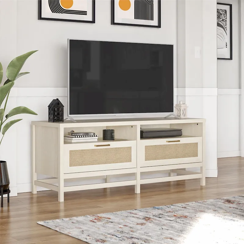Boho Coastal TV Stand with Faux Rattan Drawers – Fits TVs up to 60