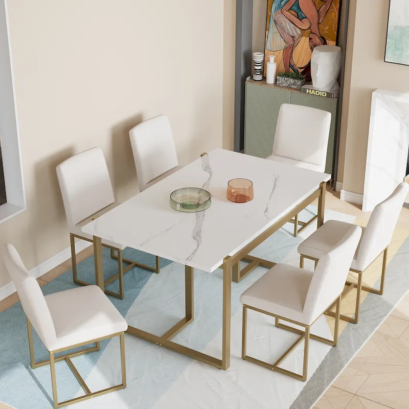 Modern Rectangular Dining Set - Faux Marble Table and 6 Upholstered Chairs