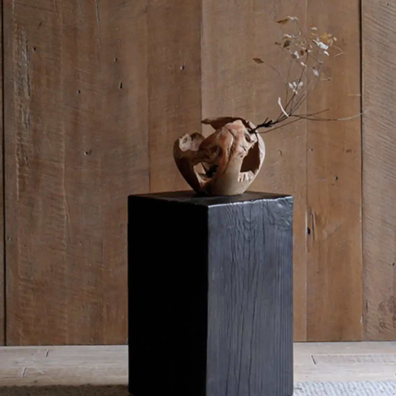 Modern Black Pine Wooden Square Stump End Table