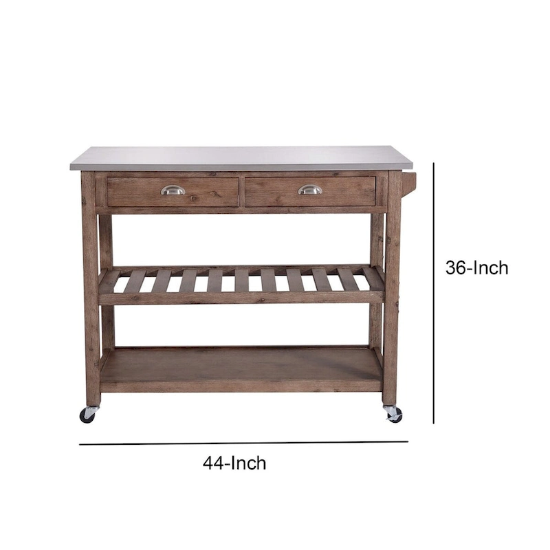 2 Drawers Wooden Kitchen Cart with Metal Top and Casters, Gray and Brown