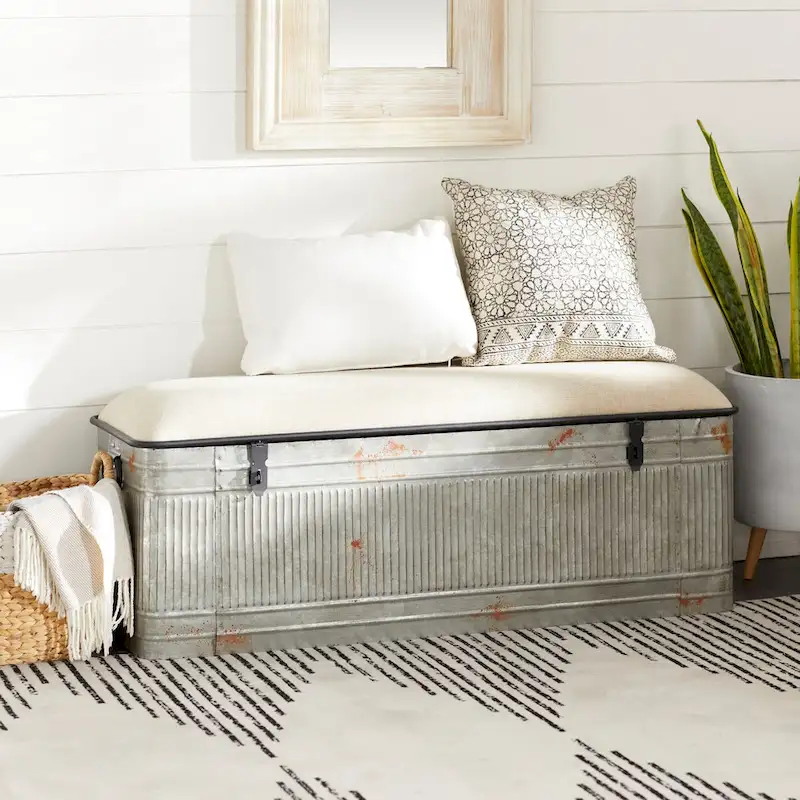 Metal Galvanized Storage Bench with Cream Burlap Top and Black Latches - Gray
