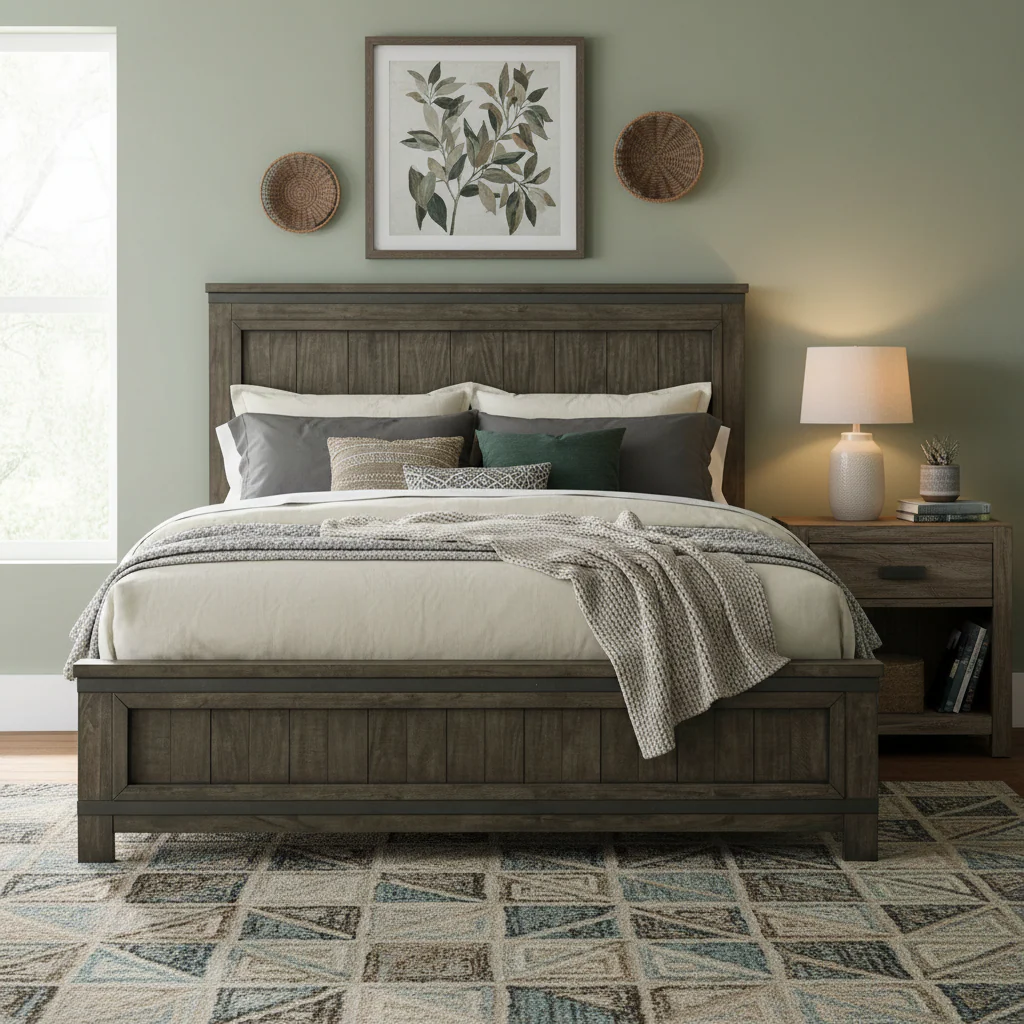 Dark Gray Planked Panel King Headboard with Hammered Metal Strip Accent – Rustic Style, Fits 1–2 Person Bed