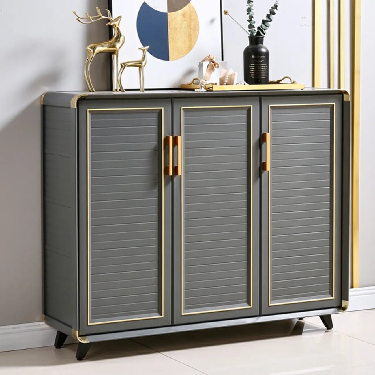 Luxury Grey Metal Entryway Shoe Cabinet with Gold Trim