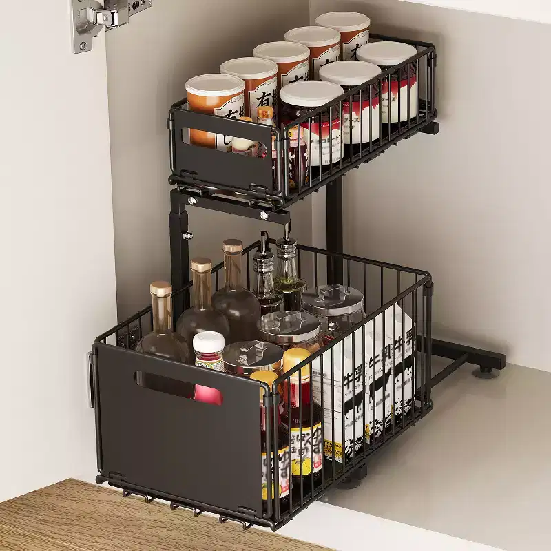 Pull Out Cabinet Organizer 2 Tier, Under Sink Organizer with Sliding Drawer, Black Storage Rack for Kitchen/Bathroom/Pantry