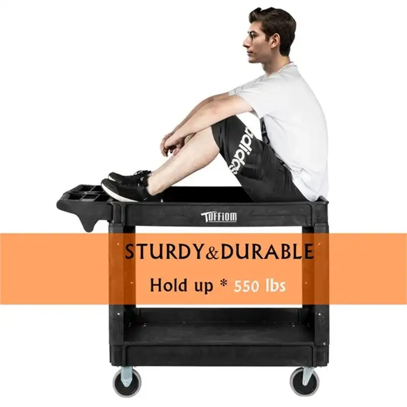 2 Tier Large 550lbs Capacity Shelf Plastic Utility Cart with Wheels Black