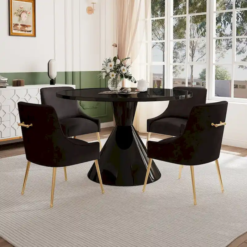 48 Light Luxury Black High Gloss Large Countertop Dining Table with Velvet Dining Chair Set