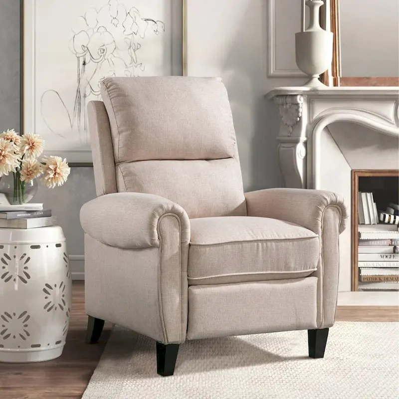 Push Back Recliner Chenille Upholstered 160° Recline Solid Wood Legs Rolled Arms Lumbar Pillow