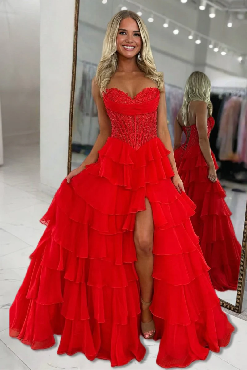 Red - Strapless A Line Chiffon Ruffled Prom Dresses With Appliques