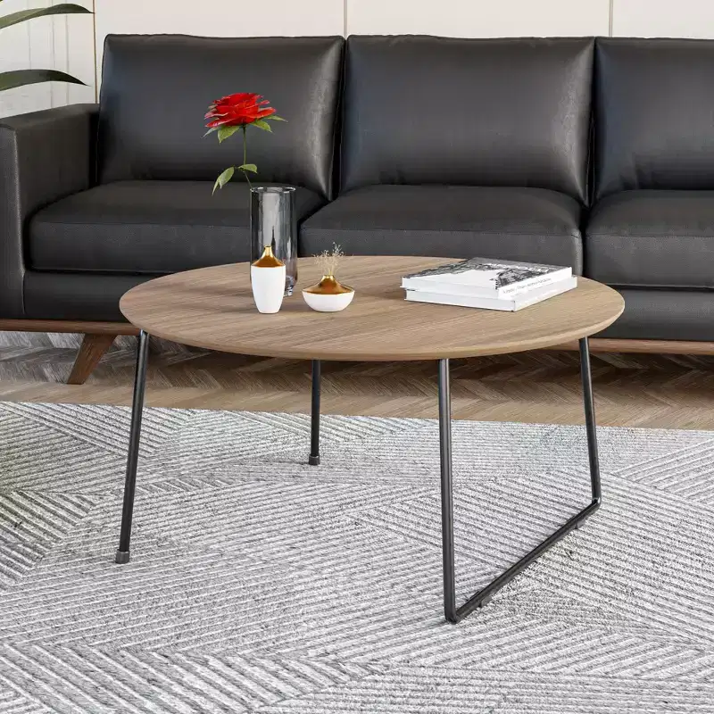 LeisureMod Pembroke Mid-Century Modern Round Coffee Table with Powder-Coated Iron Frame, Natural Wood Top