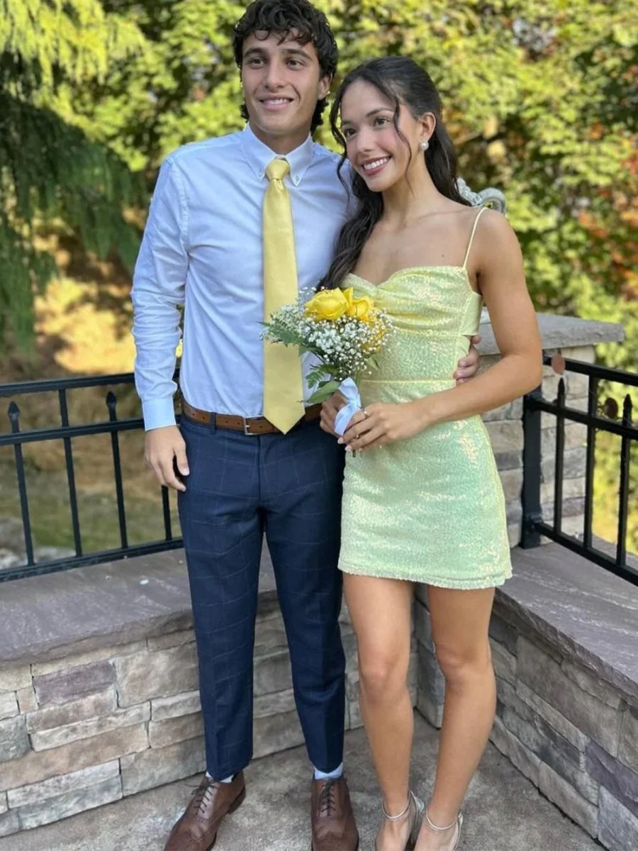 Yellow - Spaghetti Straps Bodycon Sequined Homecoming Dresses With Keyhole