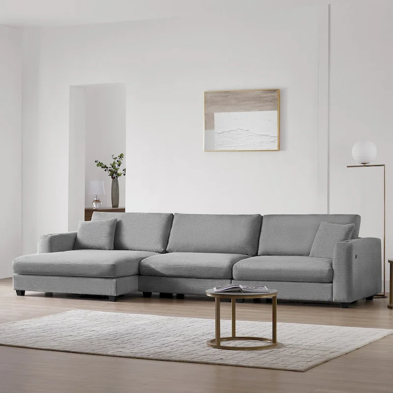 Beige / Gray / Khaki L-Shaped Corduroy Sectional Sofa with Chaise, 3-4 Seater