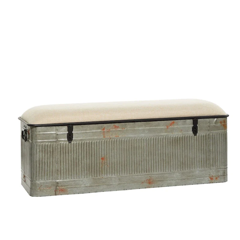 Metal Galvanized Storage Bench with Cream Burlap Top and Black Latches - Gray
