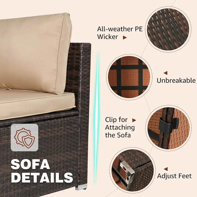 7-piece Brown Patio Wicker Sofa Furniture Set, 6 Sofas, 1 Table