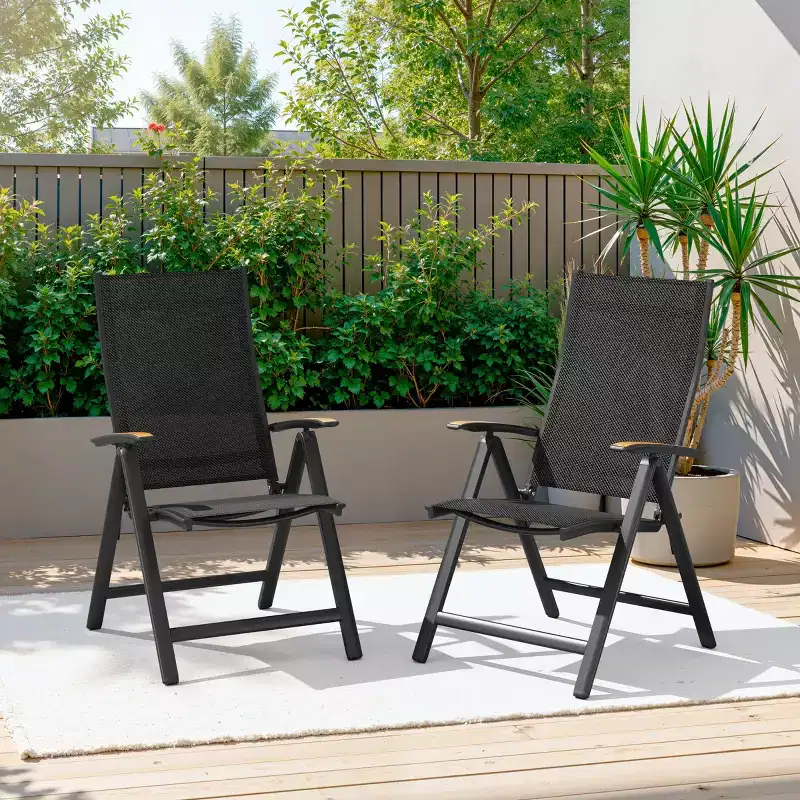 Crestlive Products 2pcs Aluminum Patio Outdoor Foldable Dining Chairs with All Weather Textilene and Teak Handrails