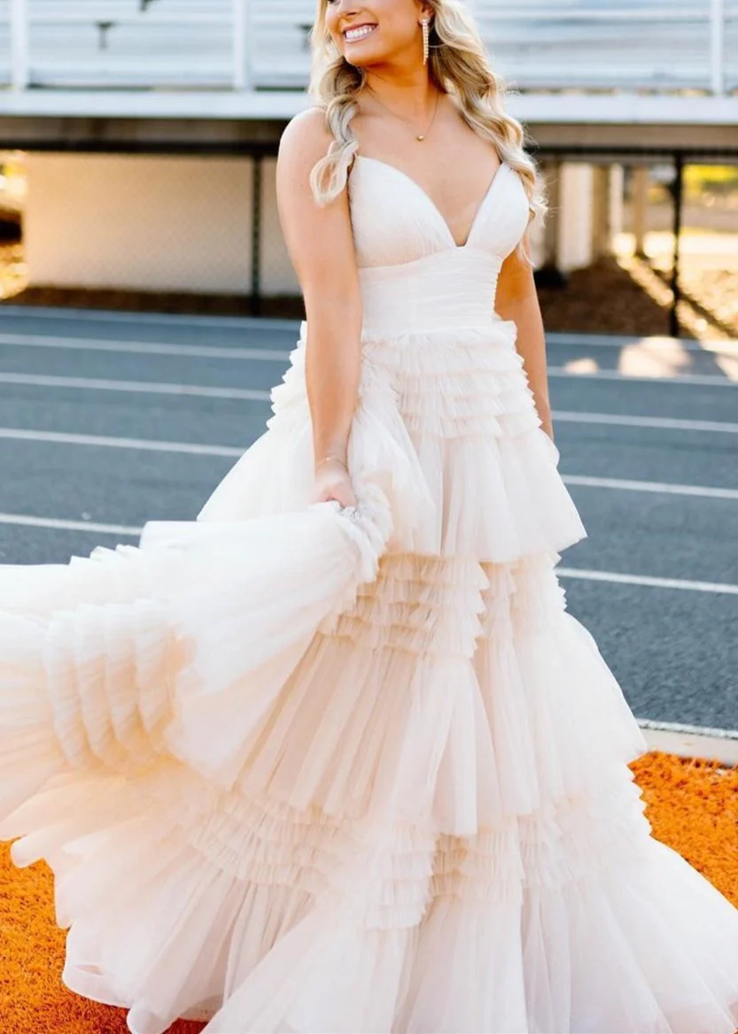 A-Line Spaghetti Straps Long Tiered Tulle Prom Dress With Split