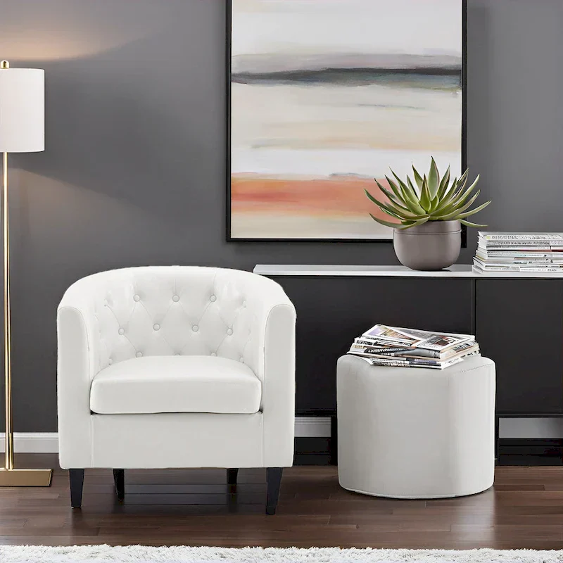 Accent Chair, Button Tufted Faux Leather Barrel Chair, Midcentury Modern Accent Chair, Comfy Armchair, Tub Barrel Chairs