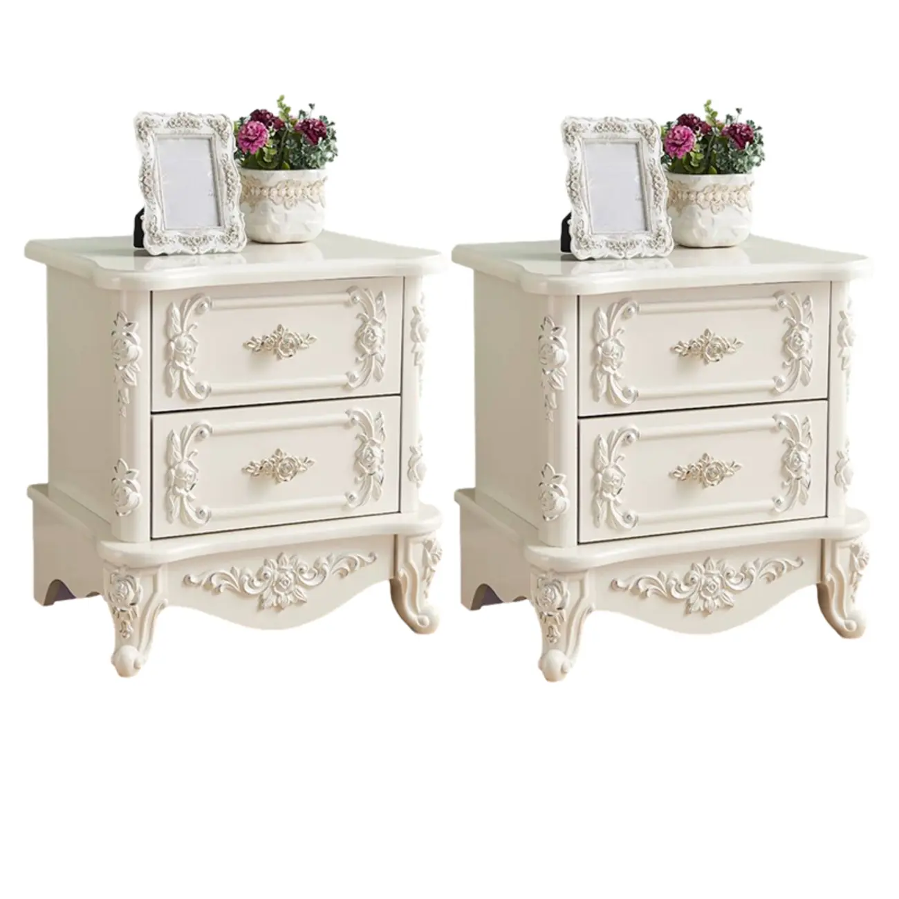 Traditional White Wood Carved 3-Drawer Nightstand