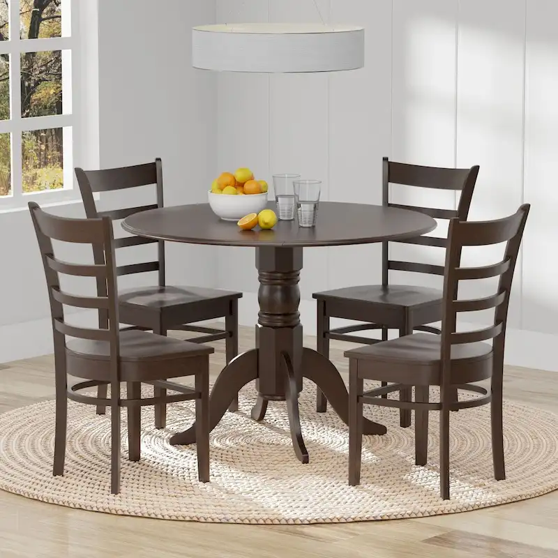 5-Piece Dining Set, 42 Round Drop-Leaf Table and Slat Back Chairs
