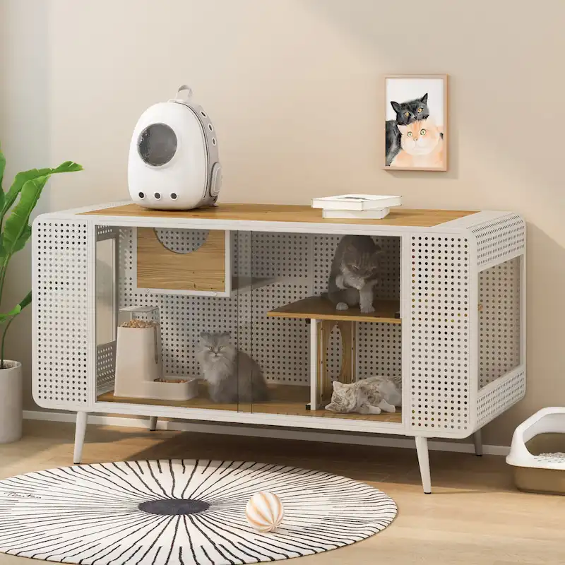 White Modern Cat House with Tempered Glass, for 1-2 Cats