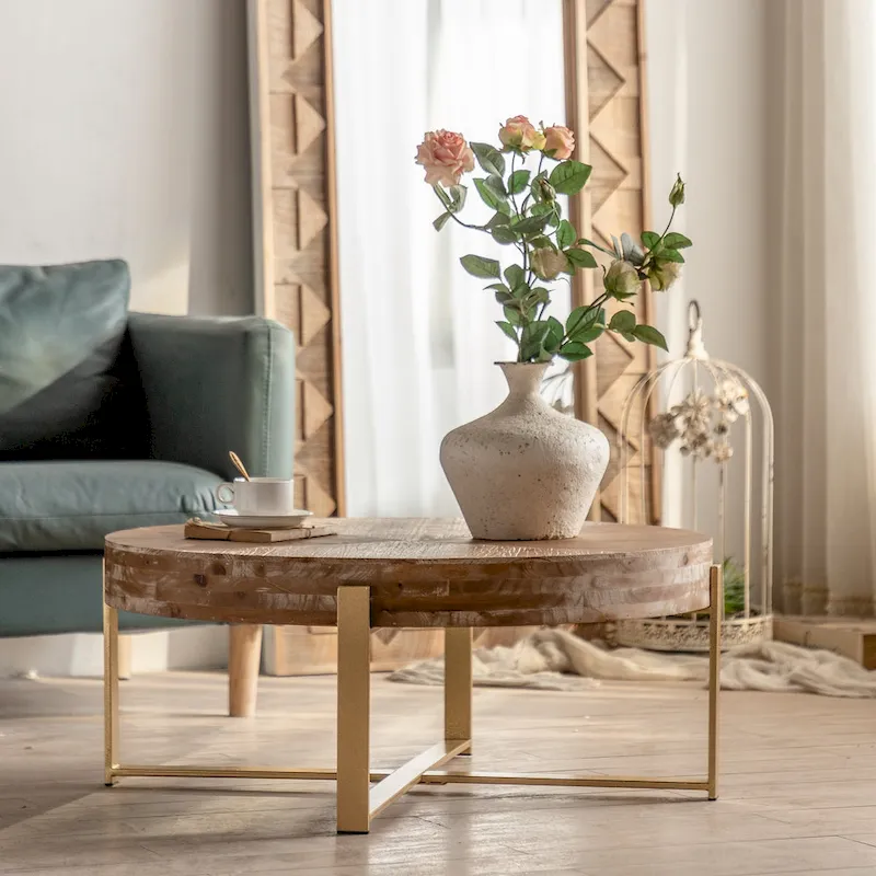 31 Round Coffee Table Solid Fir Wood Top Cross Legs Retro Splicing Natural Finish