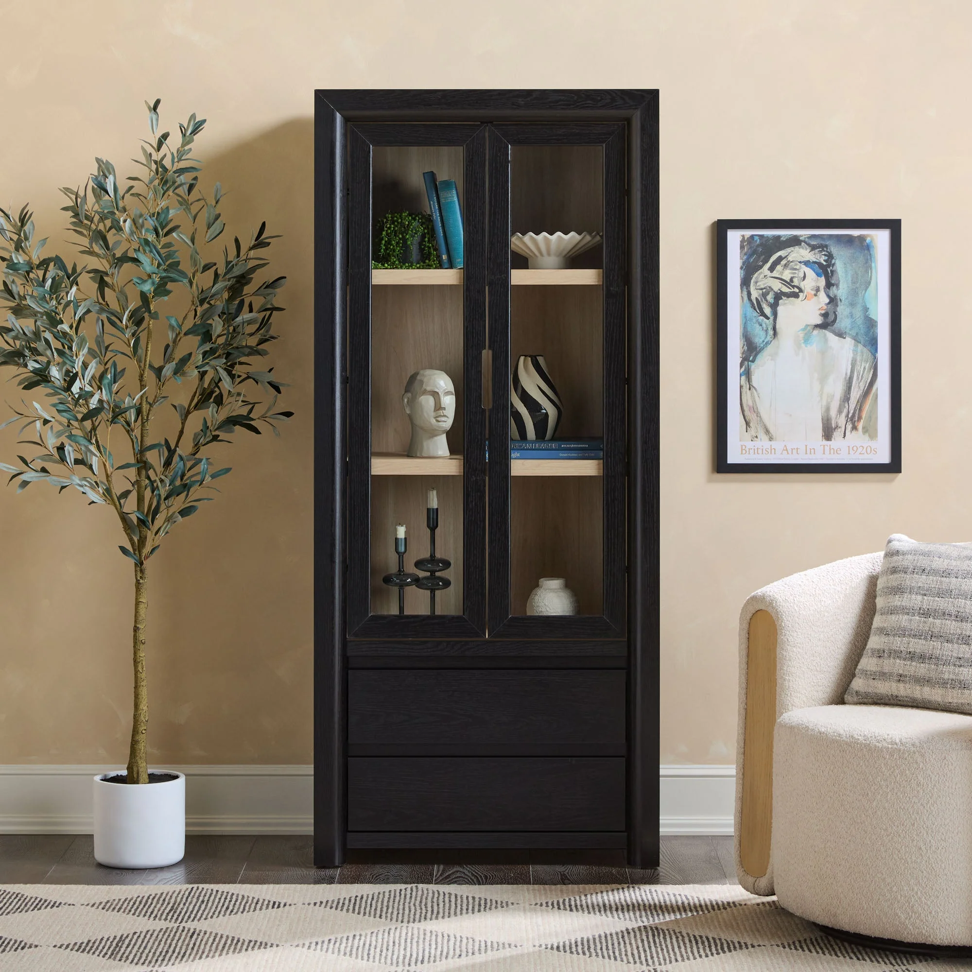 Amira Modern Wood Bookshelf with Glass Doors and Drawer Storage