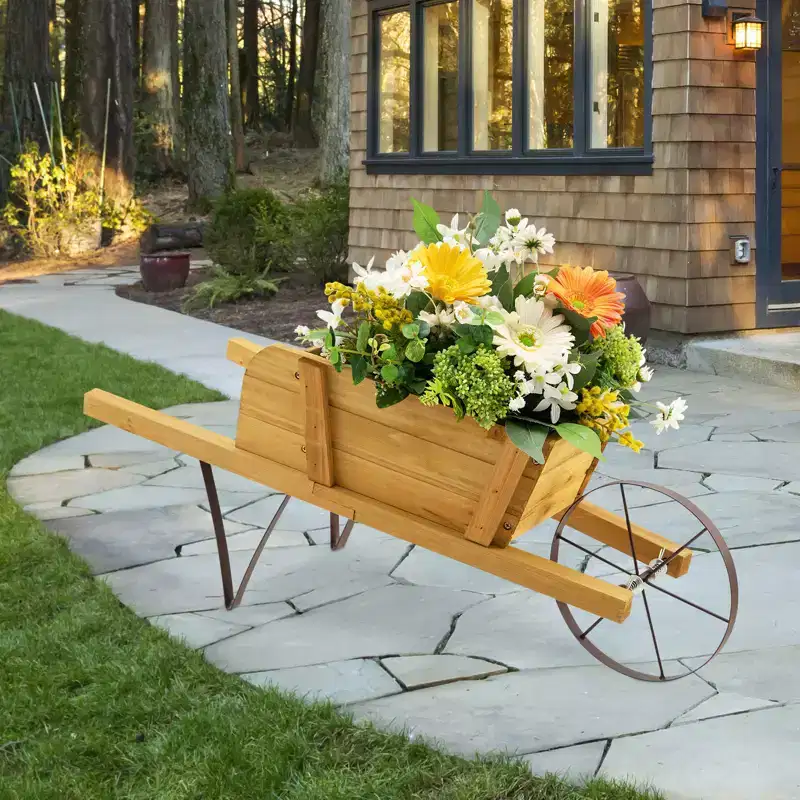 Costway Wooden Wagon Planter Decorative Indoor/Outdoor Rustic Flower Cart with Wheel Blue/Beige/Red