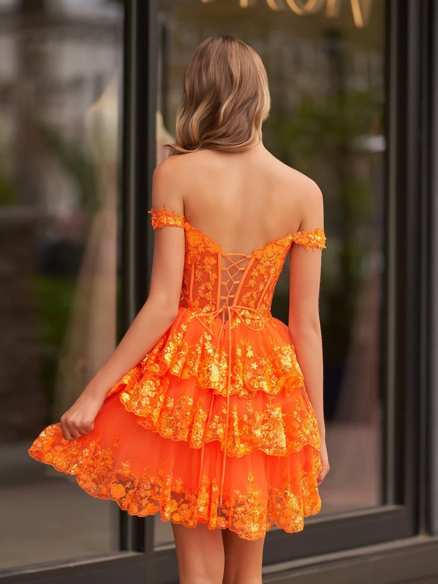 Orange - A-Line Sweetheart Tiered Short Homecoming & Cocktail Dresses