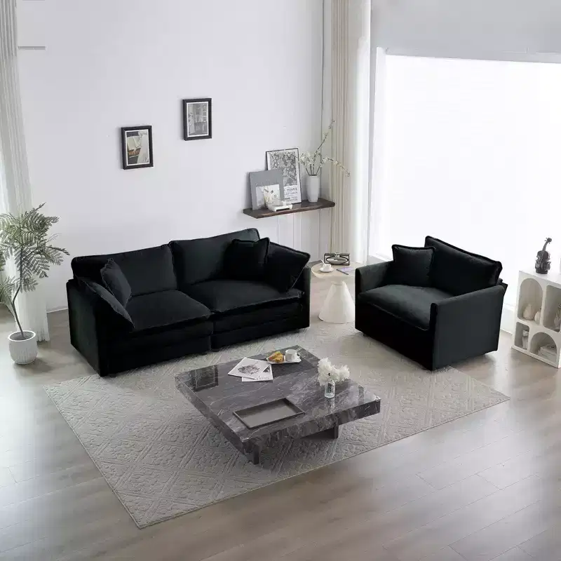 2 Pieces 3 seats Upholstered Chenille Sofa Living Room Couch Furniture Black Chenille