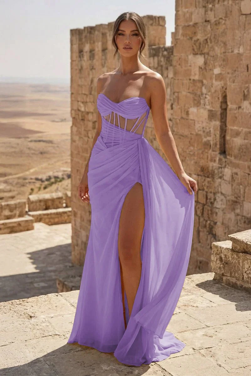 Yellow Strapless Sheath Pleated Long Prom Dresses With Slit