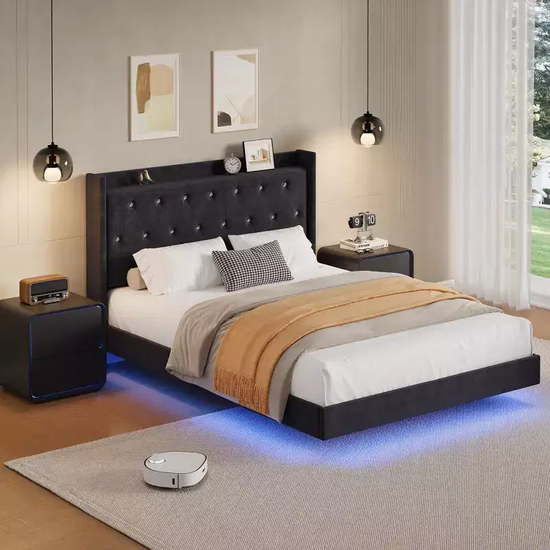 Full/Queen Floating Platform Bed with Wingback Headboard and Storage Shelf, Upholstered Modern Bed Frame, No Box Spring Needed, Easy Assembly