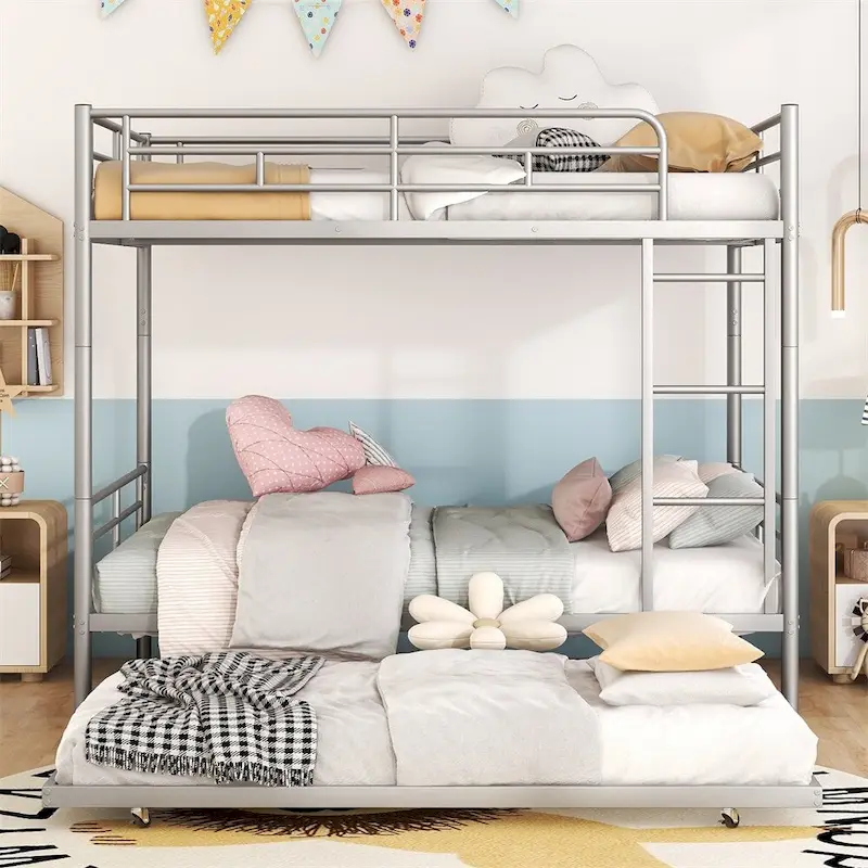 Silver/Black/White Full-Over-Full Metal Bunk Bed with Trundle, Sleeps 2–3