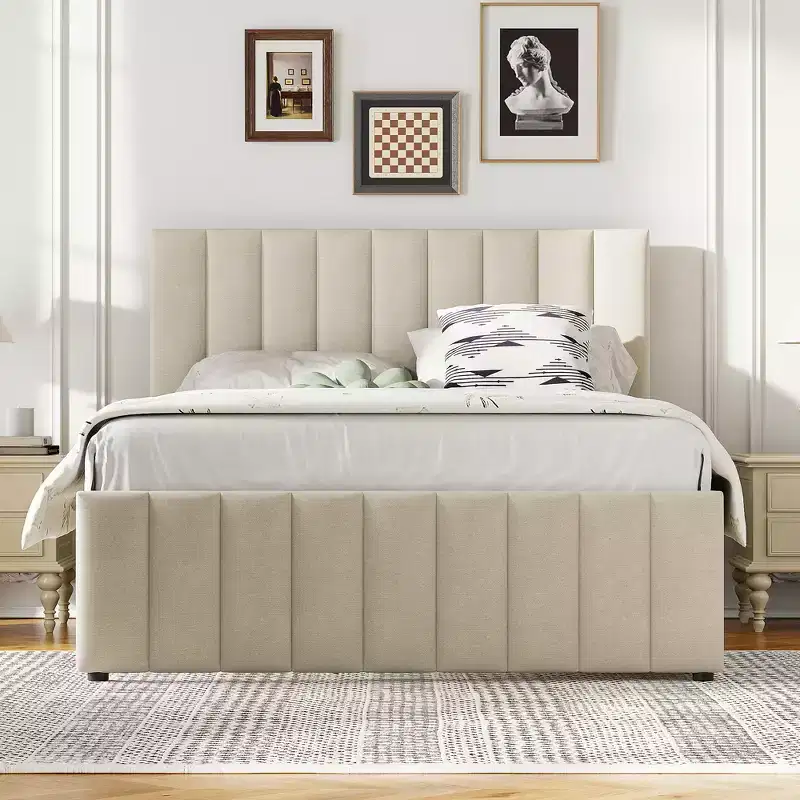 Whisen Twin Size Linen Upholstered Platform Bed with Trundle and 3 Storage Drawers