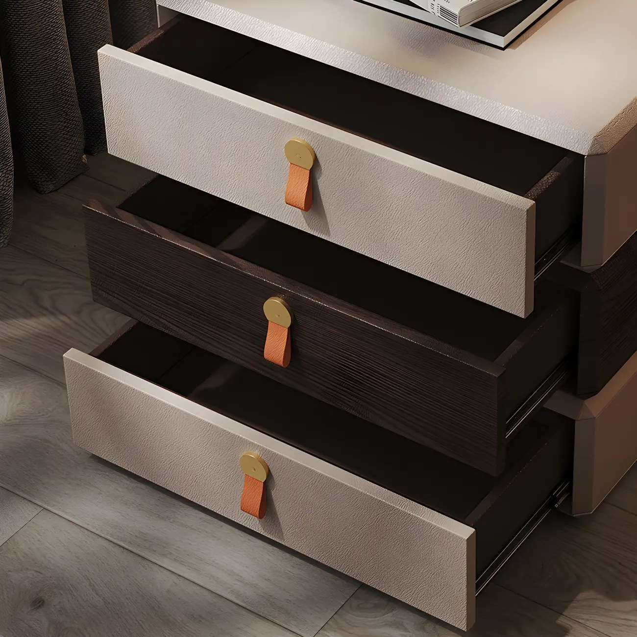 Stacked Beige Wood 3 Drawers Narrow Nightstand