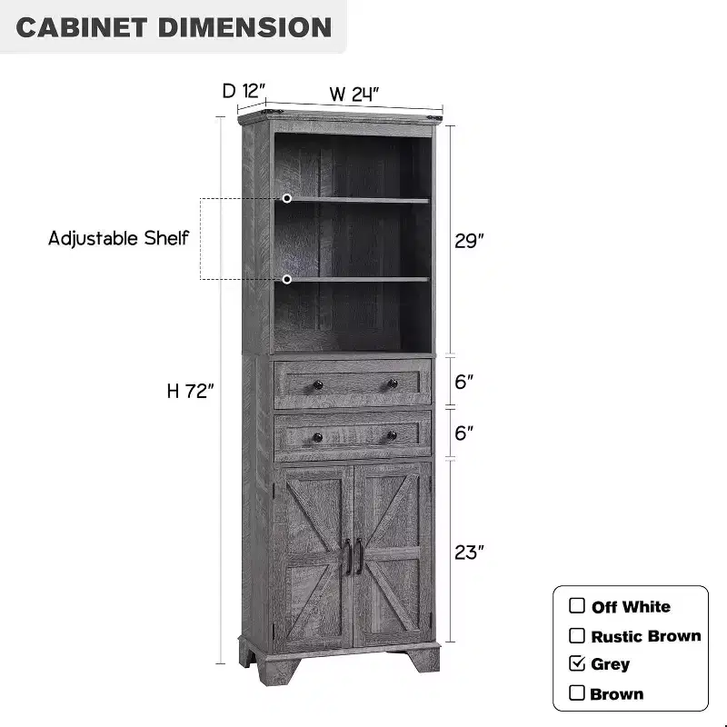 Dcolora Bathroom Cabinet, 72 Tall Storage Cabinet with 2 Drawers, Adjustable Shelves & Barn Door, Cabinets for Bathroom