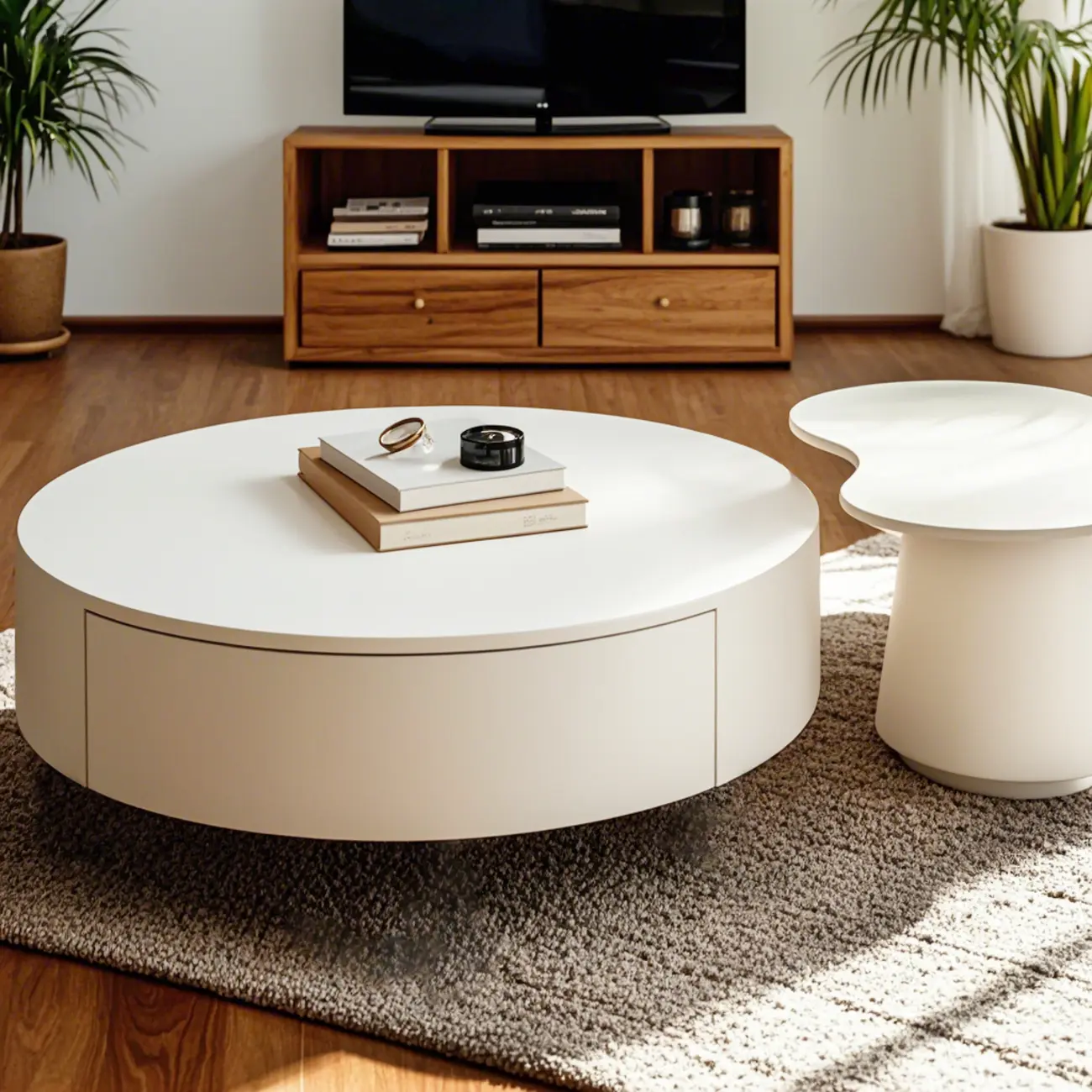 Modern Wooden White Round Nesting Coffee Tables