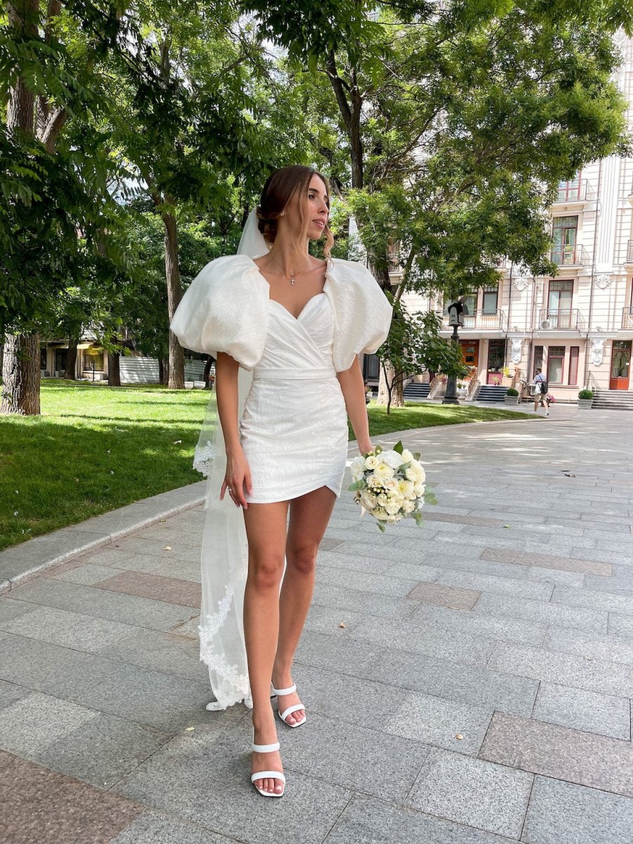 Sheath White Puff Sleeves Short V-Neck Wedding Dress