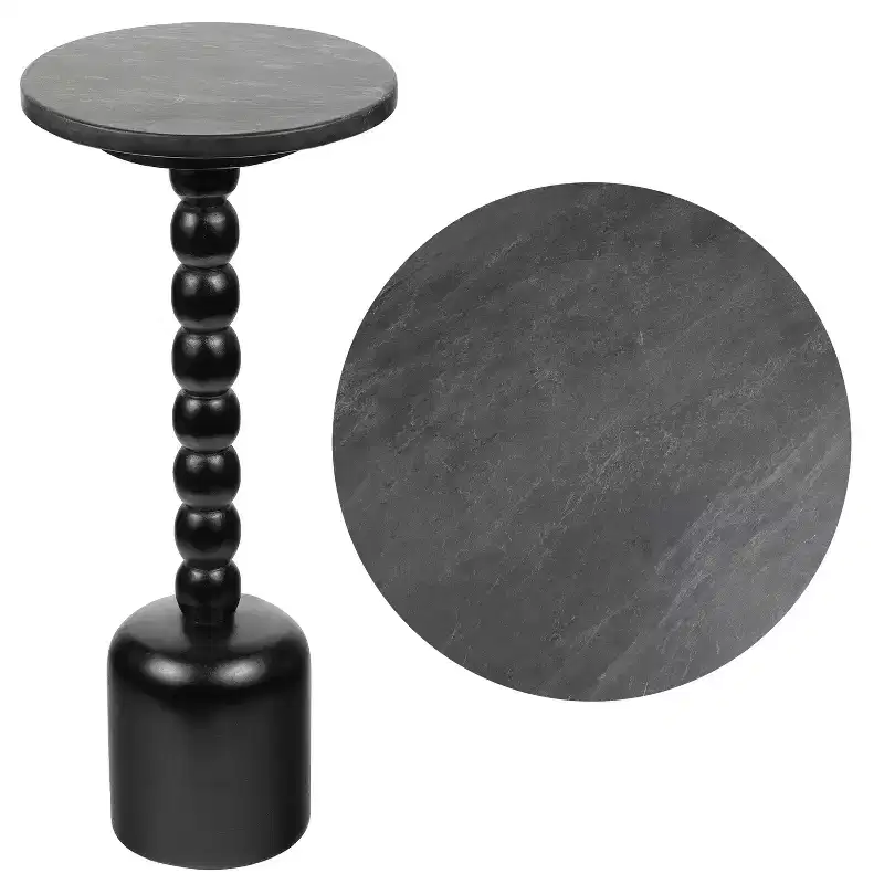 JONATHAN Y Turner 24.5 Designer Cottage Spindle Wood Column Drink Table & Decorative End Table with White Marble Round Top