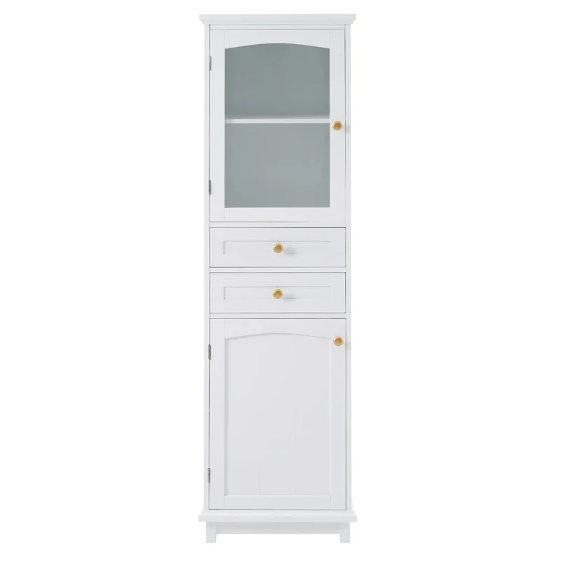 Tall Bathroom Storage Cabinet with Glass Doors Free Standing Cabinet with Two Drawers