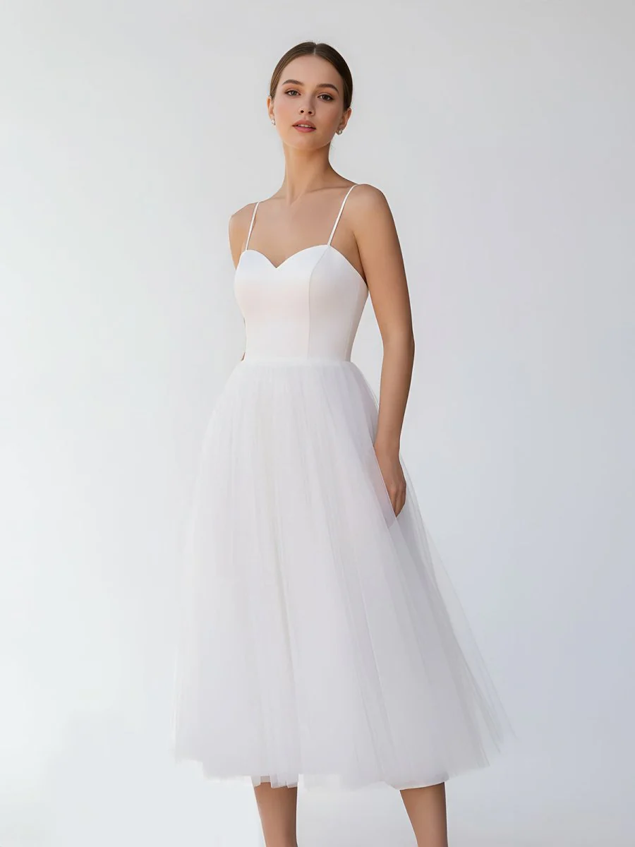 A-Line Spaghetti Straps White Satin Tulle Tea-Length Wedding Dresses