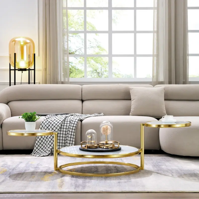 White/Silver/Gold Round Tempered Glass Coffee Table, 3-Tier 360° Rotating, 1-Person Use