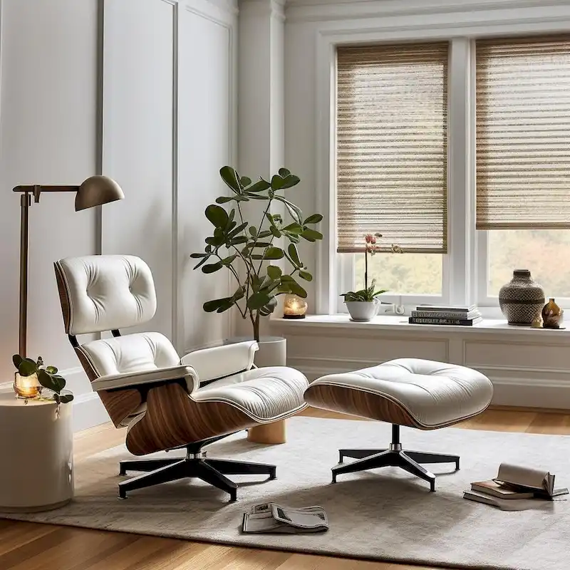 Mid-century Full Grain Leather Accent Chaise Lounge Chair and Ottoman