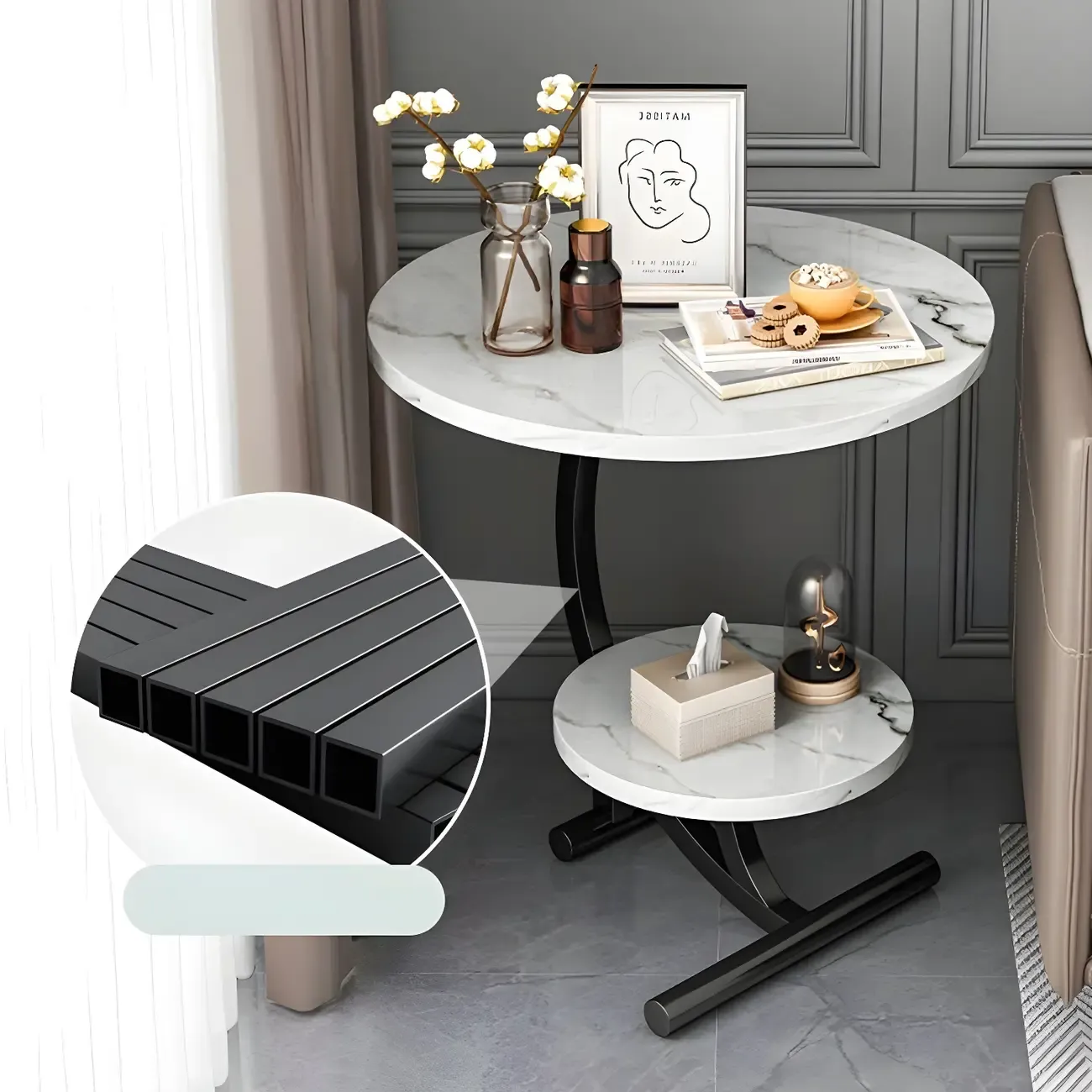 Modern Metal Frame Elegant Round Double Layer Nightstands