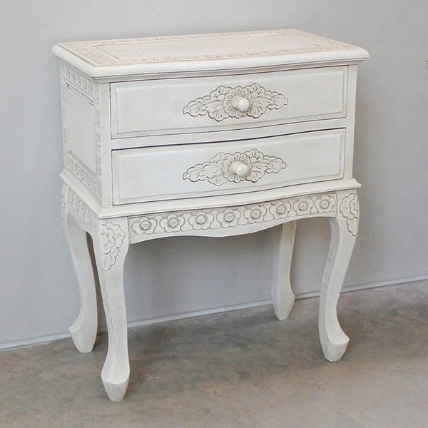 2-Drawer Carved Hardwood End Table with Antique White Finish