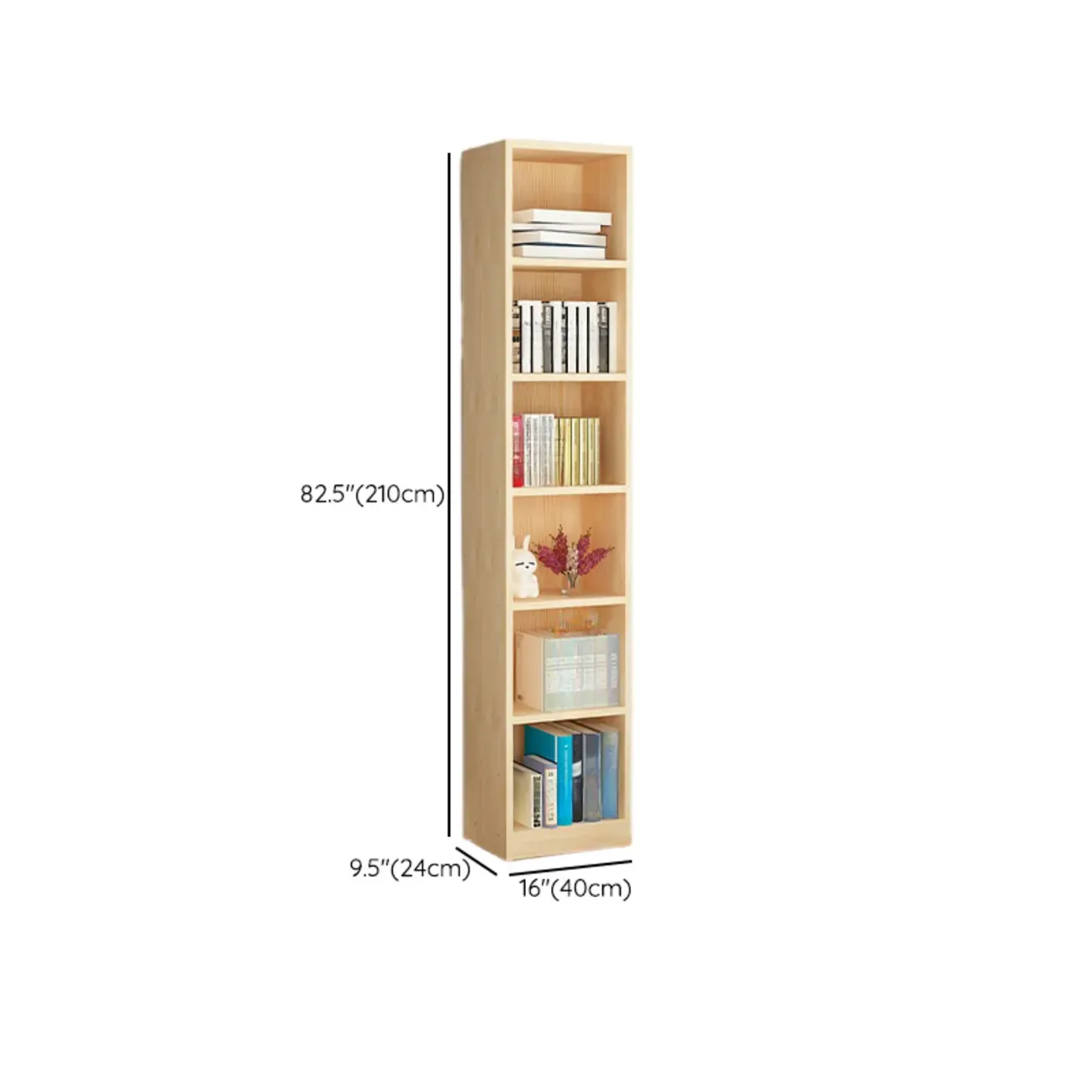 Natural Finish Narrow 6 Shelves Wooden Bookcase with Drawer