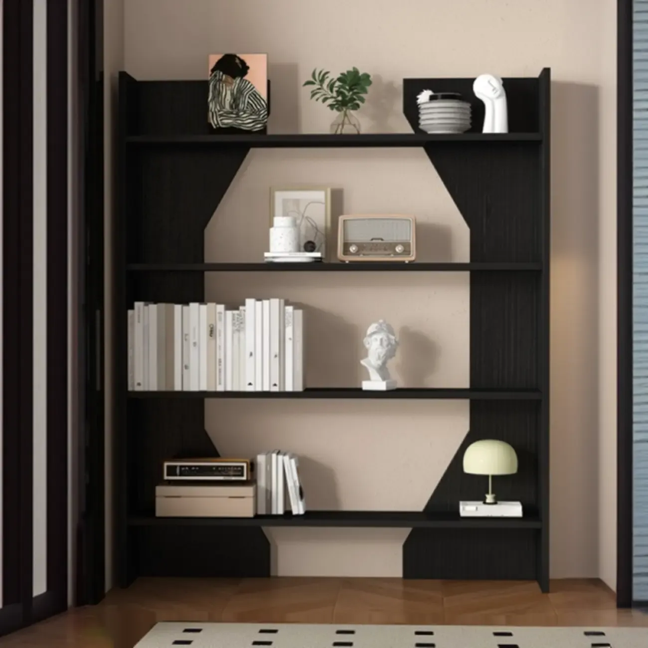 Simple Black Wood 5-Shelf Open Rectangle Bookcase