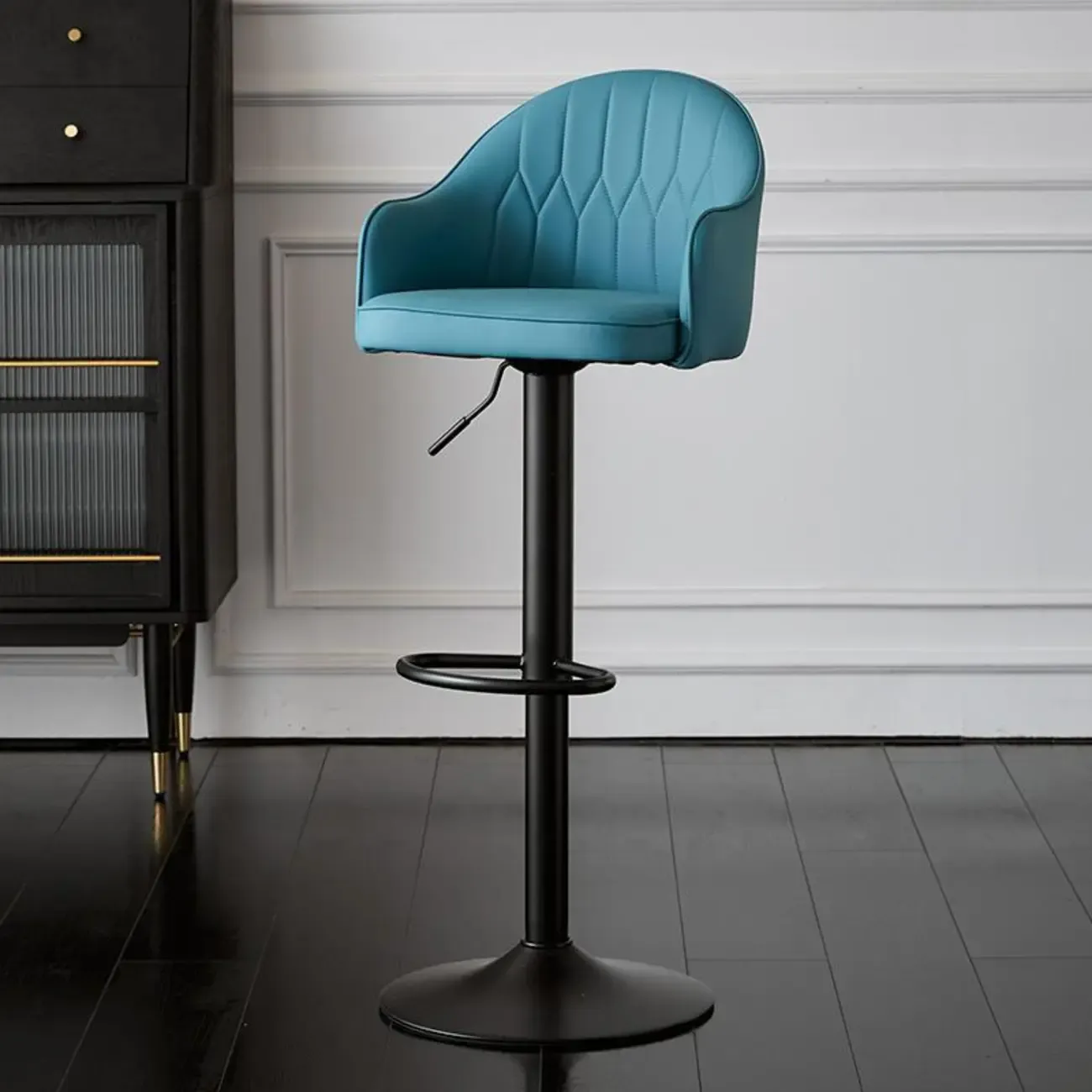 Swivel Upholstered Adjustable Height Home Armed Barstool with Metal Base