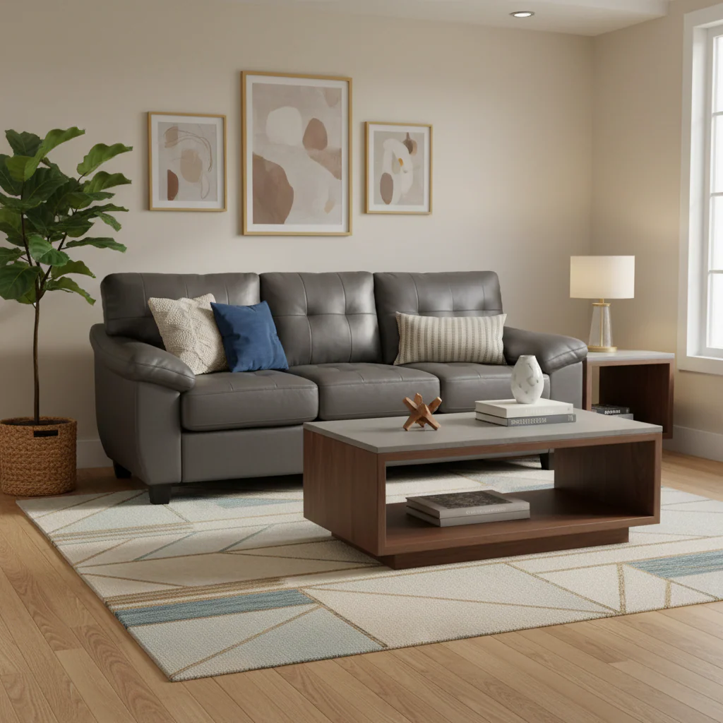 Brown Faux Leather Tufted Sofa with Flared Arms