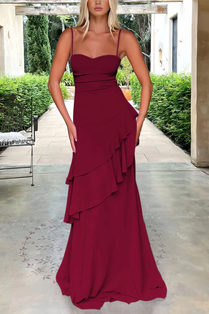 Red - Sheath Spaghetti Straps Chiffon Long Prom Dresses with Ruffles