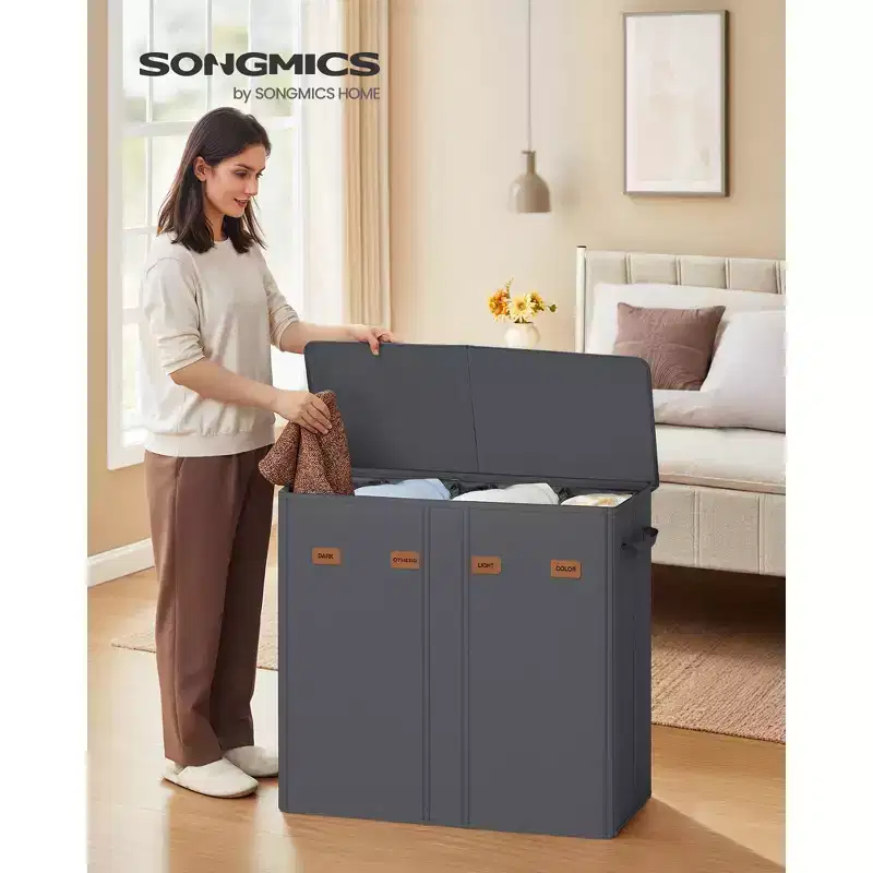 SONGMICS 55.4 Gallon (210 L) Laundry Hamper, 4-Compartment Laundry Basket Sorter with Lid, Labels, Removable Liner Bags, for Bedroom