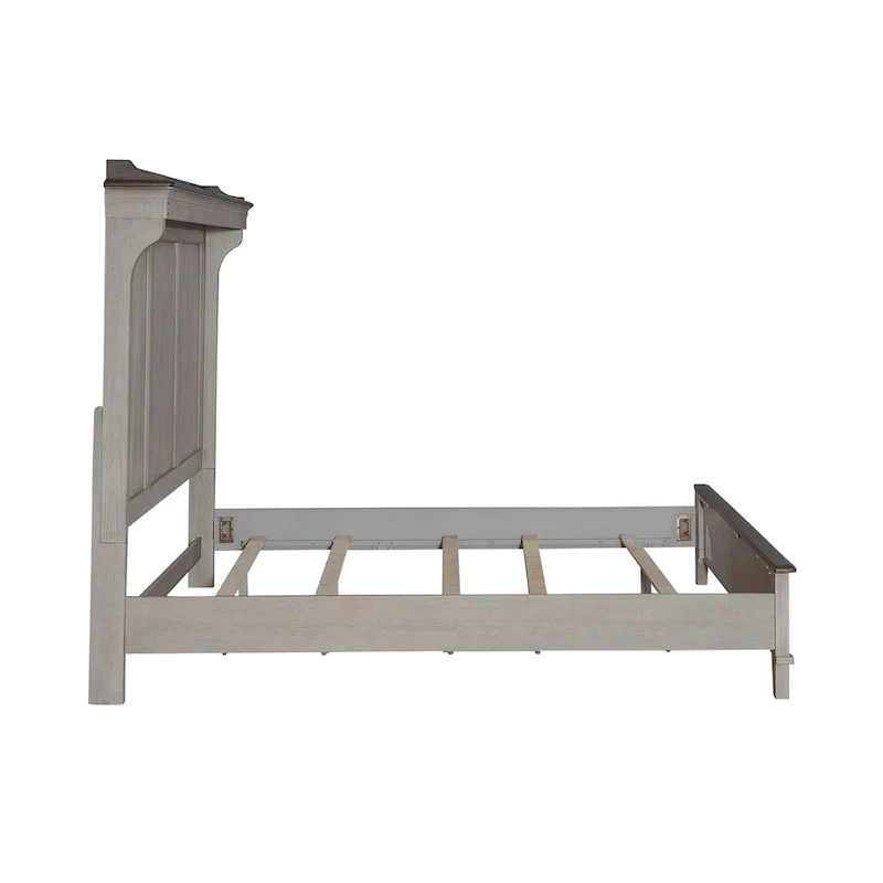 White Weathered Linen King Mantle Panel Bed with Touch LED Headboard & Dusty Taupe Accents – 2-Person